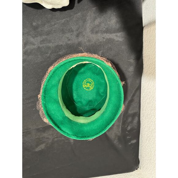 Vintage Leslie James Full Feather Bucket Hat Green Orange Net Italy Made Party main image 6